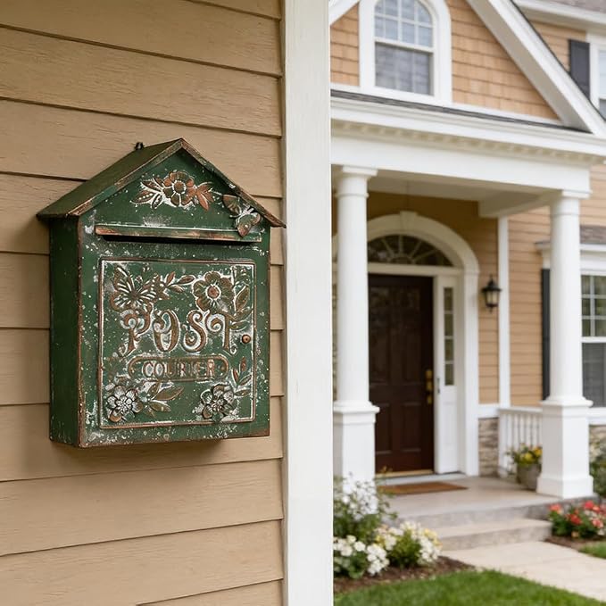 Vintage Green Wall Mount Mailbox for Outside, Metal Post Box Decorative Antique Style Mail Drop Box for House Decor(Dark Green)