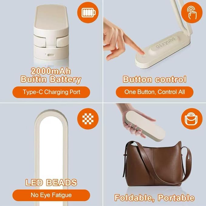 Giryuhd LED Desk Lamp for Office Home & Battery Operated Lamp Rechargeable Lamp Foldable & Portable Light, LED Desk Light Strip, 3 Brightness Dimmable Small Desk Lamp Wireless Reading Lamp