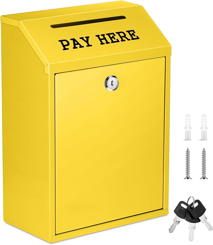 Yaocom Safe Metal Cash Box for Farm Stand – Money Drop and Secure Donation Collection, Wall Mount Lockable Unit with Pre Drilled Holes for Outdoor Self Serve(Yellow,11.8 x 8.6 x 4.7 Inch)