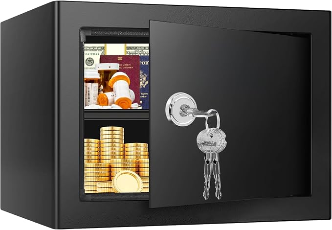 1.3 Cubic Feet Fireproof Safe Box with Key Lock, Hidden Steel Security Box with Removable Shelf for Cash, Jewelry, Passports and Medications, Personal Safes for Home/Office, 9.84"D x 13.78"W x 9.84"H