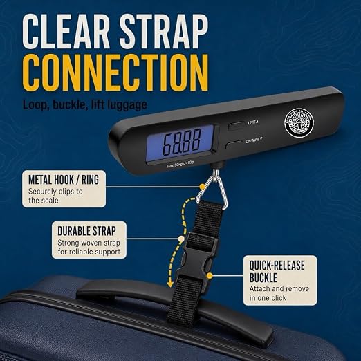 Digital Luggage Scale, Backlit LCD, 110lb, Hook | Handheld hanging suitcase scale, tare function, auto shut-off, battery included, 2 bonus luggage tags, secure locking hook