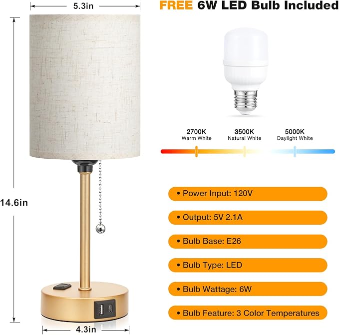 Small Bedside Table Lamp for Bedroom, Desk Lamp with USB Ports for Dorm | USB A+C Ports, AC Outlet, 3 Color Temperatures, LED Bulb Included, Linen-Fabric Shade, Gold Brass Base, 14" Night Stand Lamp