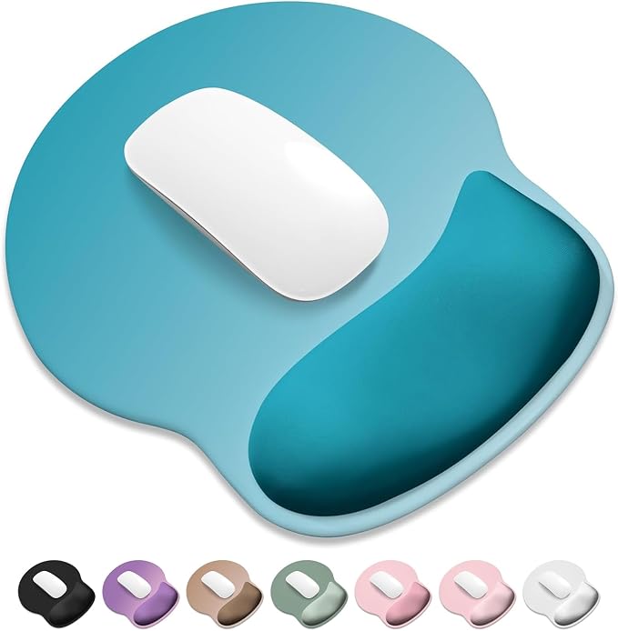 ITNRSIIET Ergonomic Mouse Pad with Wider Memory Foam Wrist Rest +17%, Curved Cushion Reduces Pressure 20%, Pain Relief, Non-Slip, Smooth, Cute Color Desk Accessory, 9.85 x 9 inch, Ombre Blue Gradient