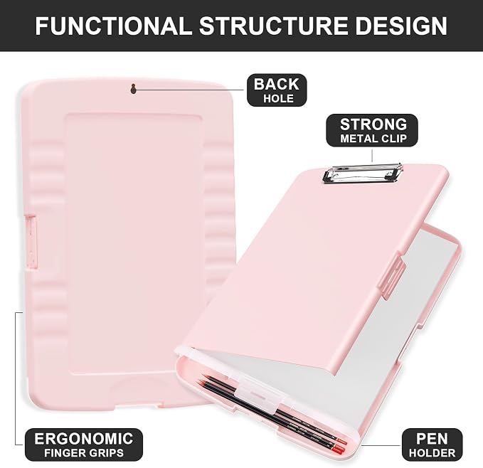 Plastic Clipboard with Storage, 8.5 x 11 Storage Organization Box Side-Opening, Heavy Duty Clip Board with Pen Holder and Paper Folder for Nurses, Teachers, Office & School Supply, Pink