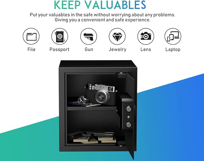 RPNB Small Home Safe Box,Personal Safe,Metal Money Safes for Home,1.2 CuFt | Digital Cash Safe with Keys,Electronic Code Lock,Steel Alloy Small Cabinet Safe for Money,Home,Office,Hotel,Business,Jewelry