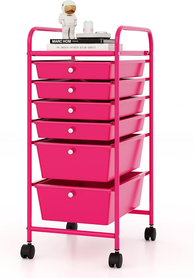 COSTWAY 6-Drawer Rolling Storage Cart, Art Craft Tools Organizer on Wheels | Multifunctional Heavy Duty Utility Mobile Storage Trolley w/ 2 Lockable Wheels for Home Office School (Hot Pink)