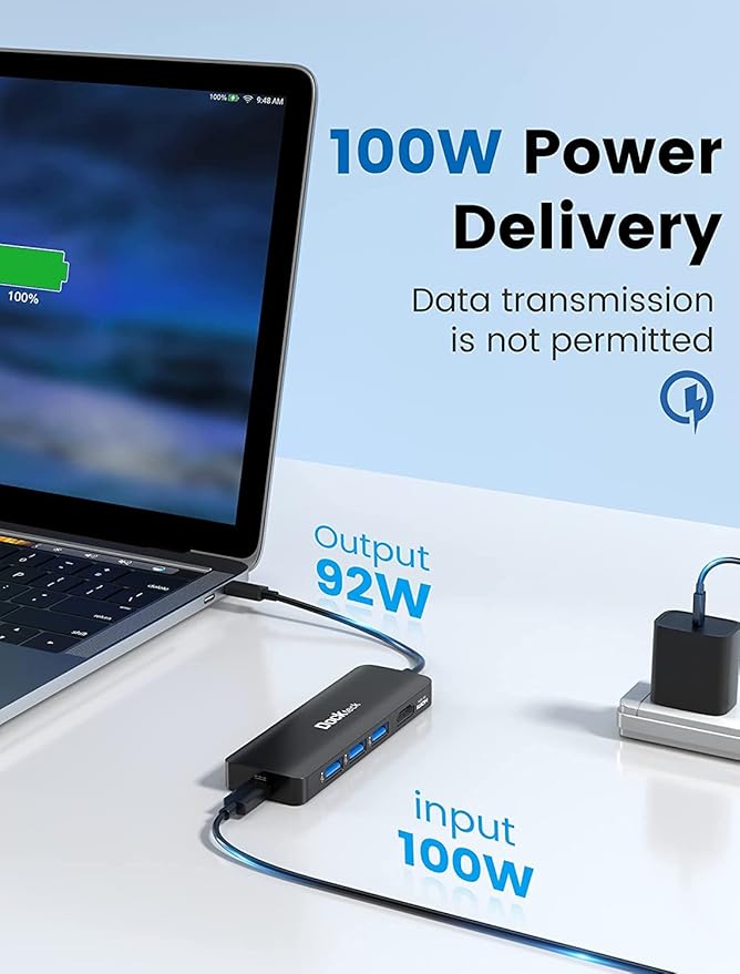USB C HUB 4K 60Hz, Dockteck USB-C Multiport Adapter 5-in-1 with 4K HDMI, 100W Power Delivery, 3 USB 3.0 Data Port for MacBook Pro/Air M1 2020, iPad Pro 2021, iPad Mini 6, Surface Pro and More