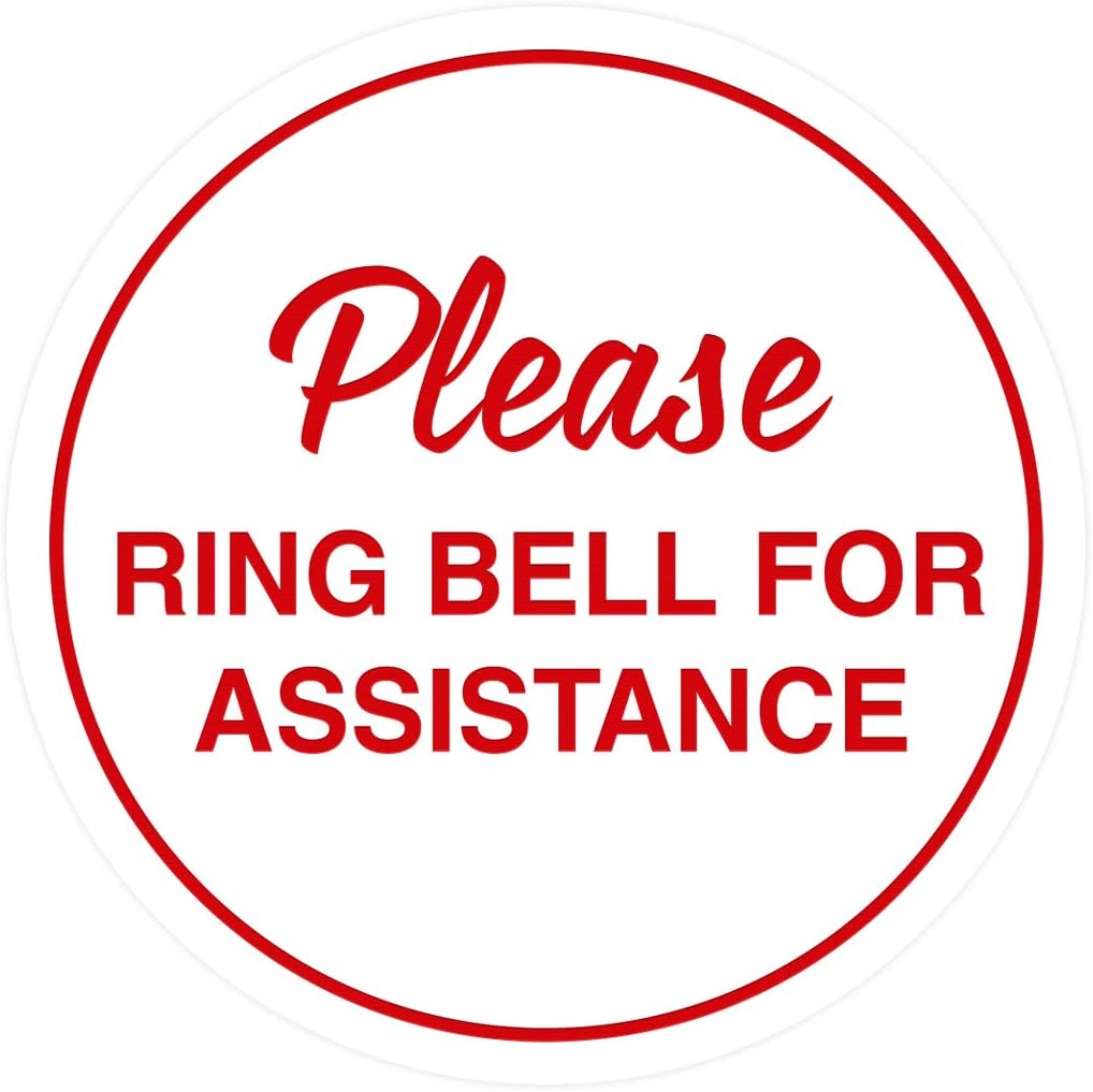 Signs ByLITA Circle Please Ring Bell For Assistance Wall or Door Sign | Easy Installation | Front Desk Reception Sign (White/Red) - Large (10 Pack)
