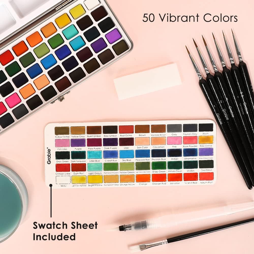Grabie 50 Colors Watercolor Paint Set, Detail Paint Brush Included, Watercolor Paints, Painting Sets, Art Supplies for Painting, Travel Watercolor Set, Amateur Hobbyists