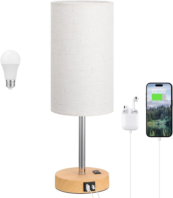 Dicoool 17.4" Bedside Lamp for Bedroom - Dimmable Touch, USB A+C, AC Outlet | LED Bulb Included, 3-Way Dimmable, 17.4" Table Lamp for Guest Room, Living Room, Fabric Lampshade, Wood-Grain Metal Base