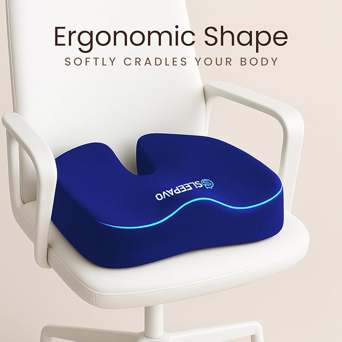 Sleepavo Office Chair Cushion - Seat Cushion for Tailbone Pain Relief - Butt Pillow for Coccyx, Sciatica, and Lower Back Pain - Orthopedic Chair Pad for Lumbar Support in Office Desk (Navy Blue)