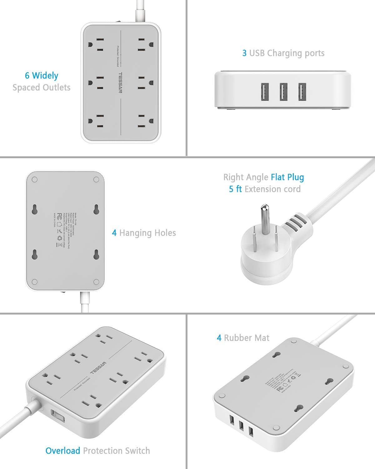Power Strip Surge Protector Plug, TESSAN 15 FT Extension Cord with Multiple Outlets, 1080J Protection, 6 AC Outlets 3 USB Ports (3 USB A), Wall Mount for Home Office School Dorm Room Supplies