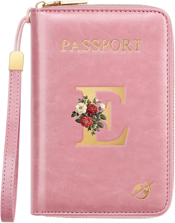 Passport Holder for Travel Personalized Wallet with Wristlet Women | All-in-One Passport Cover, RFID Blocking, Back Coin Pocket, Paper Money Slot, Zipper Closure, Roses Initial Letter, Pink E