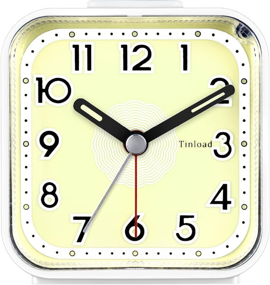 Small Analog Alarm Clock Silent Non Ticking, Ascending Beep Sounds, Snooze, Glow in Dark dial,Manual Light, Battery Operated (White)