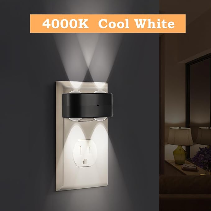 4 Pack LED Night Light Plug-in Wall, 100 Lumens 4000K Cool White, Auto On/Off Dusk to Dawn Sensor, Adjustable Swivel Head for Indoor – Ideal for Hallway, Stairs, Bedroom, Bathroom, Kitchen