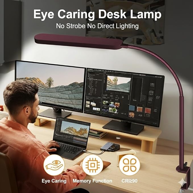 LED Desk Lamp - Desk Light for Home Office - Flexible Gooseneck - 5 Color Modes X 11 Brightness Levels - 1300LM - Timmer & Memory Function - 12W Clip on Light - Red