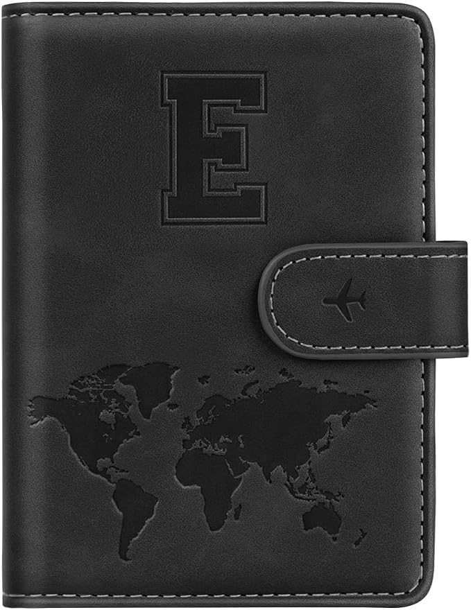 Passport Holder for Travel Essentials Personalized Initial Wallets | Embossed Letter A-Z Design, RFID Blocking, Passport Cover, Passport Book Holders, Men Women, Personalized Gifts, Black-E