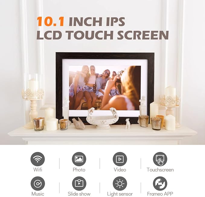 Frameo Digital Picture Frame WiFi 10.1inches Digital Photo Frame, Electronic Photo Frame Load from Phone, 1280x800 IPS Touch Screen HD Display, Auto-Rotate, Share Photos/Video-Great Gift(Brown Wood)