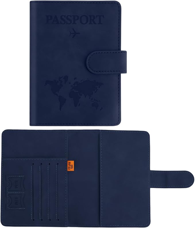 Passport Holder for Travel Essentials, Dark Blue Leather Passport Cover, Passport Wallet Holders for Women Men Family Travel Gifts Must Have Accessories, Credit Card Cash Air Ticket Storage Supplies