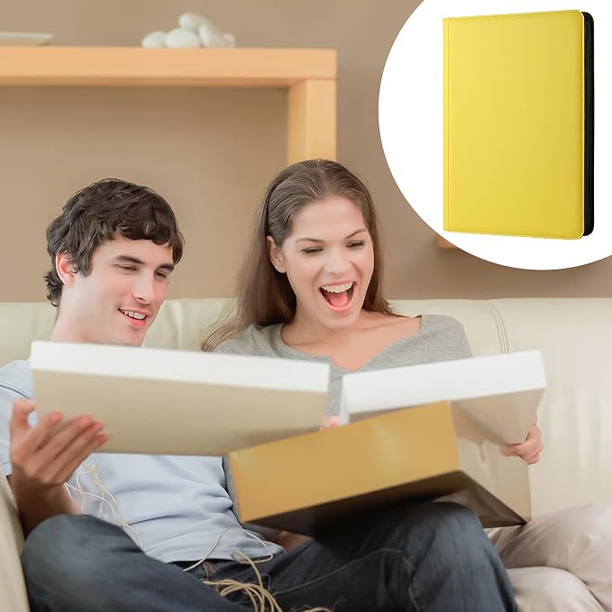 GEAoffice 16 Pocket Trading Card Binder for 1000+ Cards, Ringless Side-Loading 4x4 Card Binder with Zipper Closure, PU Leather 1024 Card Binder for MTG/TCG/Baseball/Sports&Game Cards, Yellow