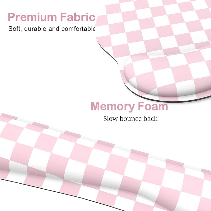 Ergonomic Mouse Pad with Wrist Rest and Keyboard Wrist Rest, Mousepad | Memory Foam Wrist Rest for Computer Keyboard, Pain Relief, Non-Slip Base, Mouse Pad Wrist Support for Gaming, Pink Checkered