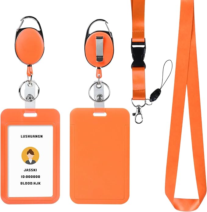 Orange ID Key Card Holder Lanyard,Badge Holders Keychain with Retractable Oval reels,Vertical Credit Card Holder Name Protector,for Nurse Teacher Student Women Girl