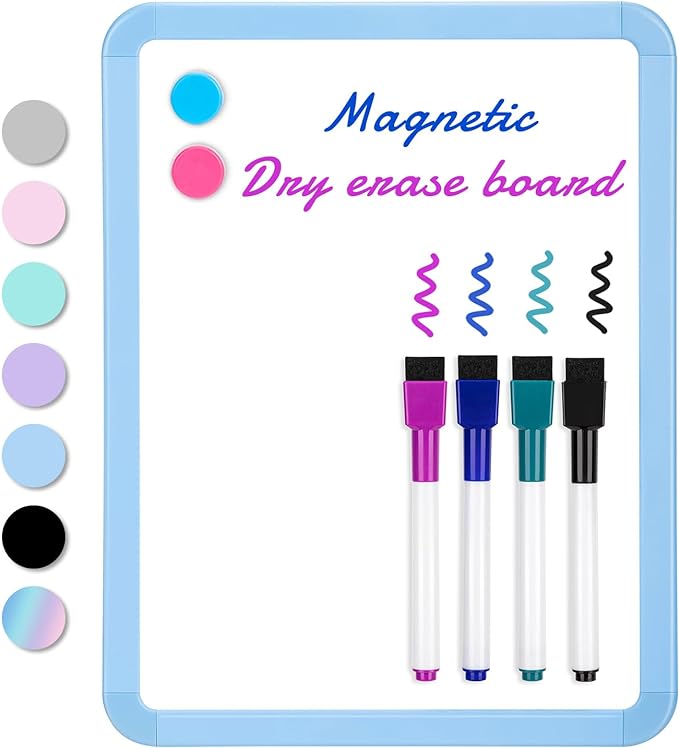 VUSIGN Magnetic Dry Erase Board, 8.5 x 11 Inches White Board, Blue | Includes 4 Dry Erase Markers, Small Mini White Board for Students Fridge Wall Locker