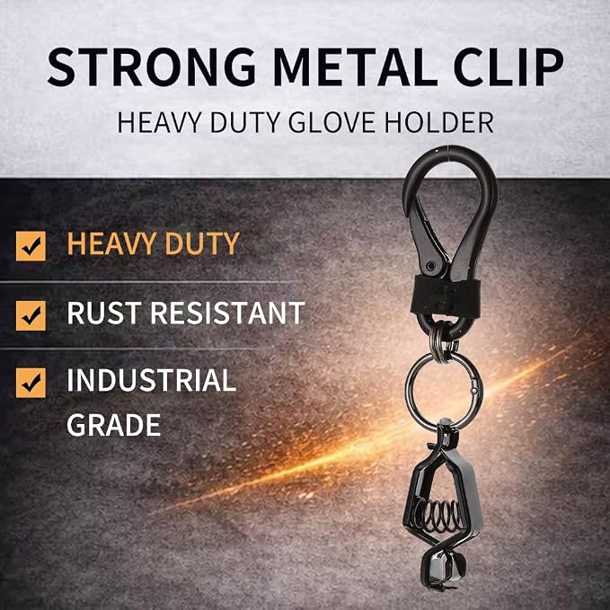 Heavy Duty Glove & Hat Clip with Carabiner, All-Metal Spring Clamp Work Glove Holder for Tool Belt, Harness, Backpack