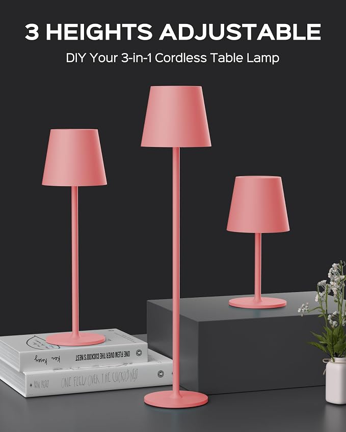 JACKYLED Cordless Table Lamps Rechargeable, 3 Adjustable Height, 5000Capactiy Opwer Operated, 3 Colors Smooth Dimming, Portable LED Waterproof Table Lamp for Dining, Bedroom, Outdoor ((2 Pack Pink)