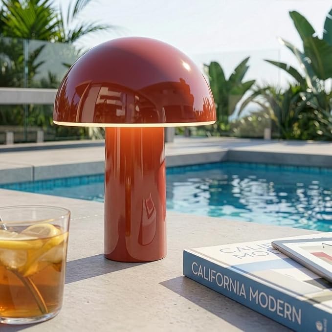 Brightech Celia Mood Lamp – 10" Touch-Controlled Mushroom Table Lamp, Cordless & Dimmable LED, Portable & Rechargeable Bedside Night Light, Sustainable Recycled Modern Patio Lamp for Home Décor – Red