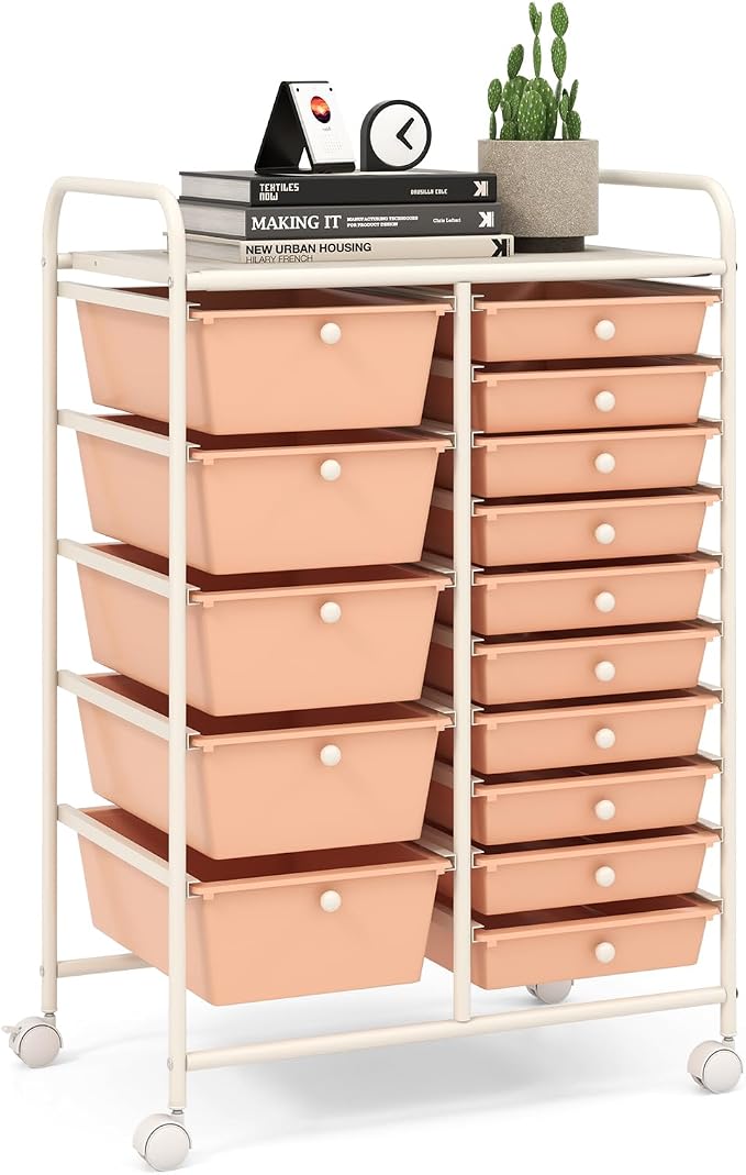 15 Drawer Rolling Storage Cart, Rolling Cart with Drawers for Classroom, Art Supply Craft Organizer on Wheel with Metal Frame & Handles for Home Office School