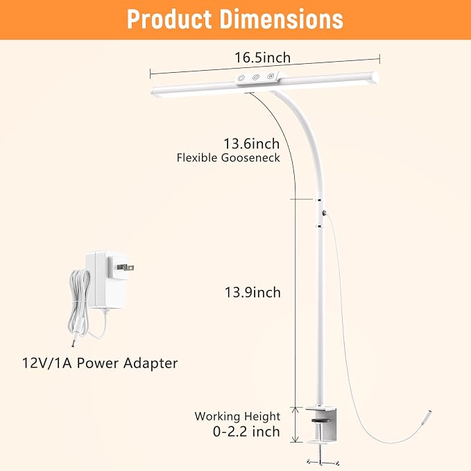 LED Desk Lamp for Home Office, Flexible Gooseneck Desk Lamp with Clamp, 5 Color Touch Control Stepless Dimming Adjustable Eye-Caring Desk Light with Adapter for Reading, Study, Workbench (White)