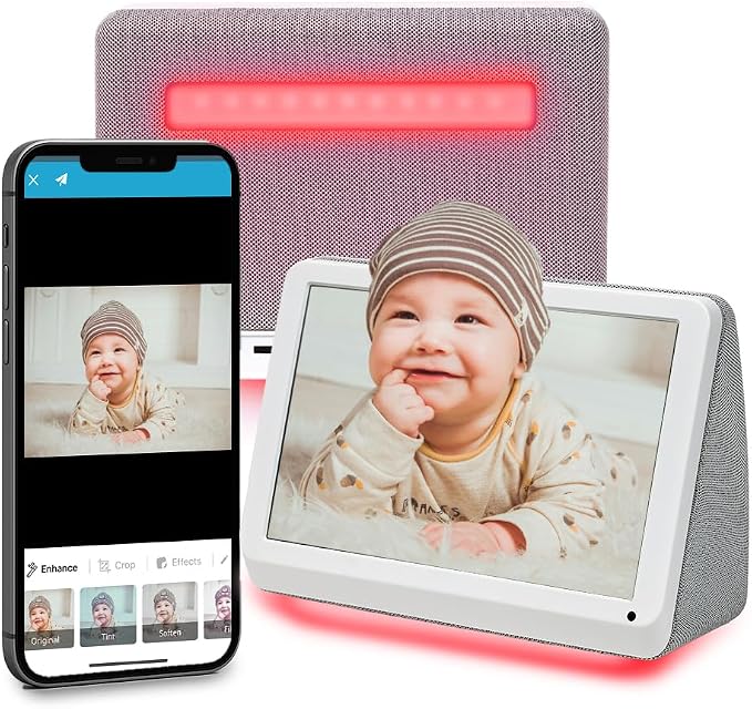 PhotoShare MyLuma LED 7” WiFi Digital Photo Frame with LEDs and Soft Touch Back Panel | Send Photo or Video from Phone to Digital Picture Frame | White Lightning Finish