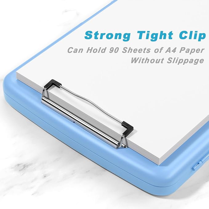 Rimilak Clipboard with Storage, 8.5 x 11'' High Capacity Clip Board, Blue | Smooth Writing, Side-Opening Plastic Folder with Pen Holder, Size 14.2 x 9.6 x 1.2″ ,for Classroom, Teacher, Student