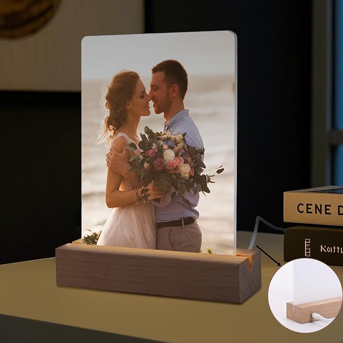 2 Pack 5" x 7" sublimation led acrylic photo frames night lights blanks heart shape,with Warm Color Light with Wood Stand for Heat Press Machine Printing