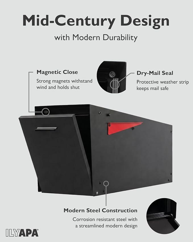 Ilyapa Modern Angle Design Post Mount Modern Mailbox - Black Exterior Powder Coated Steel, All Weather & Corrosion Resistant, Stainless Steel Hinges