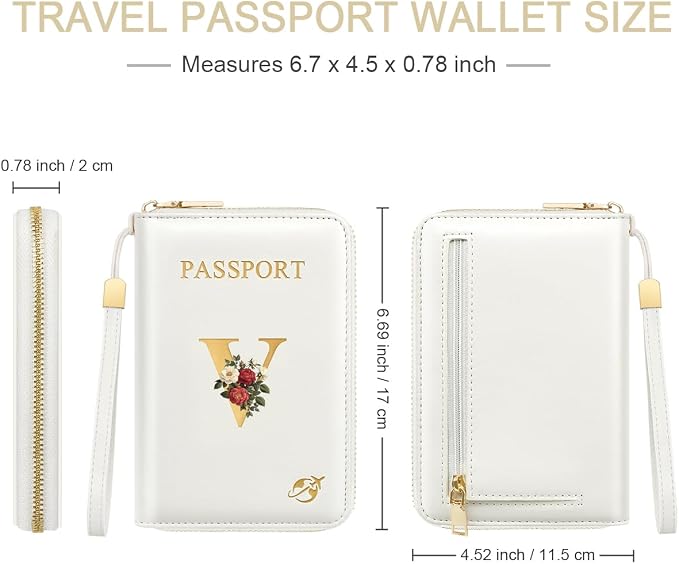 Passport Holder for Travel Personalized Wallet with Wristlet Women | All-in-One Passport Cover, RFID Blocking, Back Coin Pocket, Paper Money Slot, Zipper Closure, Roses Initial Letter, White V