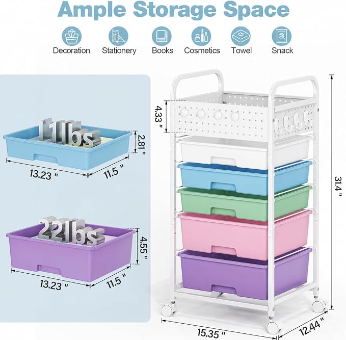 5 Drawer Rolling Storage Cart with Pegboard Top and Hooks, Ice Cream | Mobile Organizer Cart with Wheels for Office Supplies, Craft Storage, Classroom Organization, Home Utility Cart