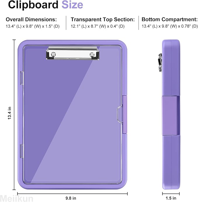 Meiikun Clipboard with Storage, Clip Boards 8.5x11 with Dual Storage, Plastic Clipboards Clear Visible Dry Erase Top Panel, High Capacity Clip Board Organizer for Work School Office (Violet)
