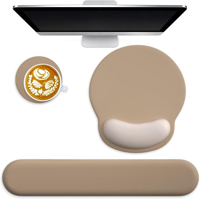 3 in 1 Ergonomic Mouse Pad and Keyboard Wrist Rest with Coaster Set-Brown | Cute Large Mousepad with Gel Wrist Support for Gaming Computer Laptop Women Office Home Desk Decor