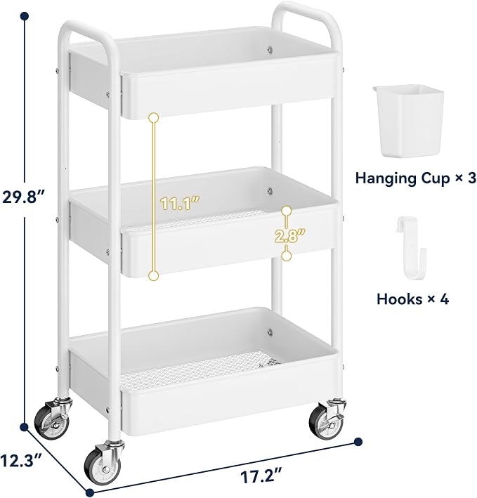 3 Tier Rolling Cart, Heavy Duty Metal Utility Cart with Wheel White | Sturdy Rolling Storage Cart With Hooks & Hanging Cups, Great For Craft, Art Workspace, Kitchen ,Snack And Office Storage
