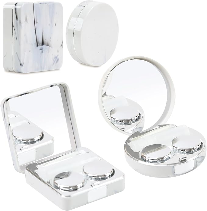 2 Pack Contact Lens Case, Portable Eye Contacts Colored Lenses Applicator Remover Tool Kit with Mirror Solution Bottle for Daily Makeup Office Travel Outdoor (Silver Marble)