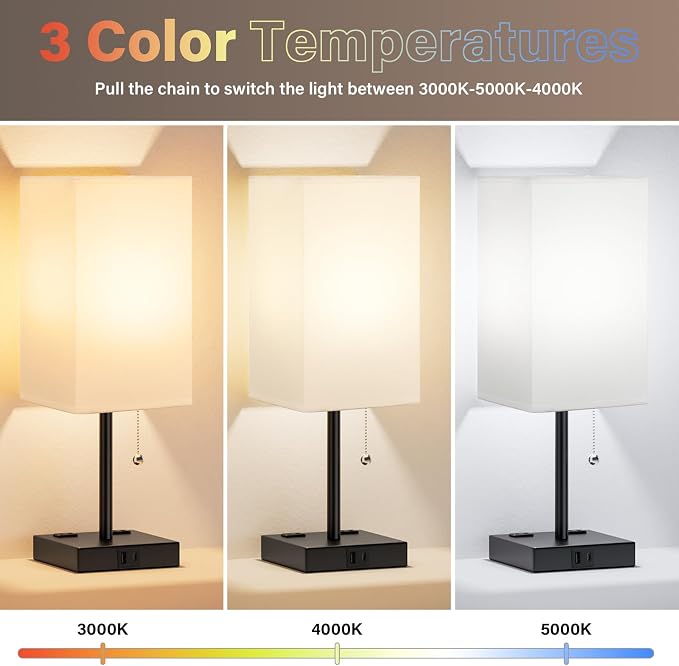 Bedside Lamp for Bedroom Set of 2 - Table Desk Lamp for Nightstand | USB A+C Ports, AC Outlet, 3 Color Temperatures, LED Bulb Included, Pull Chain, 14" Rectangular Desk Lamp for Office, 2-Pack