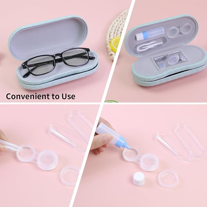 2 in 1 Contact Lens Case and Eyeglasses Case for Women Men Kids, Double Sided Hard Shell Portable Glasses Travel Holder with Built-in Mirror, Contact Lens Box Storage Kit, Green