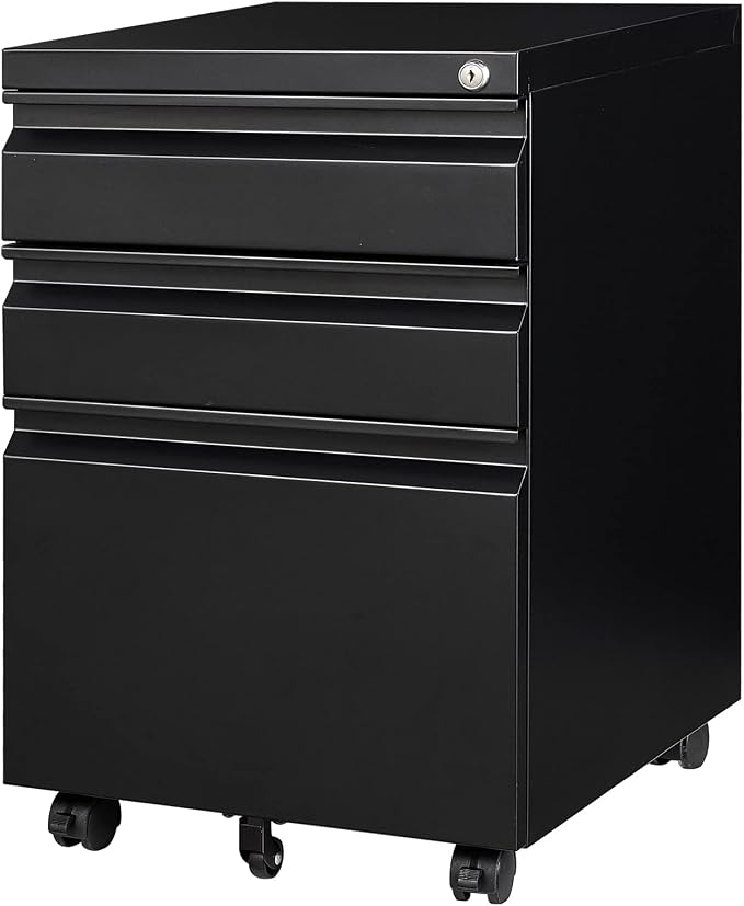 3 Drawer Mobile File Cabinet with Lock, Black Under Desk Rolling Filing Cabinet, Metal Locking File Cabinet on Wheels for Legal/Letter/A4 File (Required Assemble)