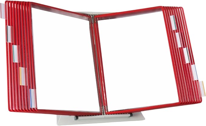 Tarifold Desktop Reference Display System, 20 Pockets, Expandable, Red | 20 double-sided PVC pockets, holds 40 letter-size sheets, sturdy metal base, quick-find indexing, quick and easy to assemble