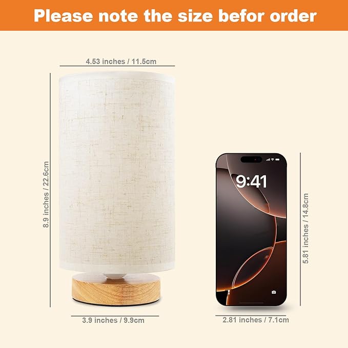 Small Bedside Table Lamp for Bedroom, Minimalist Wood Base & Round Fabric Shade, Mini Cute Cozy Warm White Nightstand Boho Lamp, Study Desk Night Stand Light for Room, Dorm, Nursery, Living Room