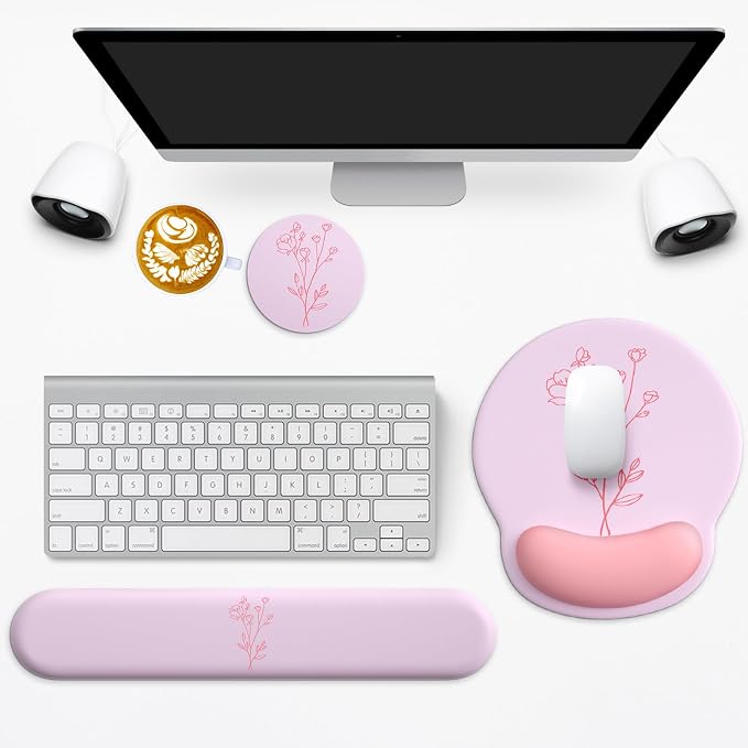 3 in 1 Ergonomic Mouse Pad and Keyboard Wrist Rest with Coaster Set-Pink | Cute Large Mousepad with Gel Wrist Support for Gaming Computer Laptop Women Office Home Desk Decor