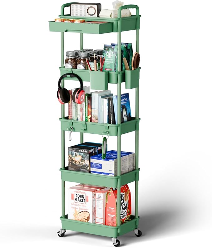 Sorgion 5 Tier Rolling Cart Organizer,Bathroom Cart Organizers with Wheels Laundry Room Organization Mobile Shelving Unit Utility Cart Storage Shelves Multi-Functional for Office, Home(Green)