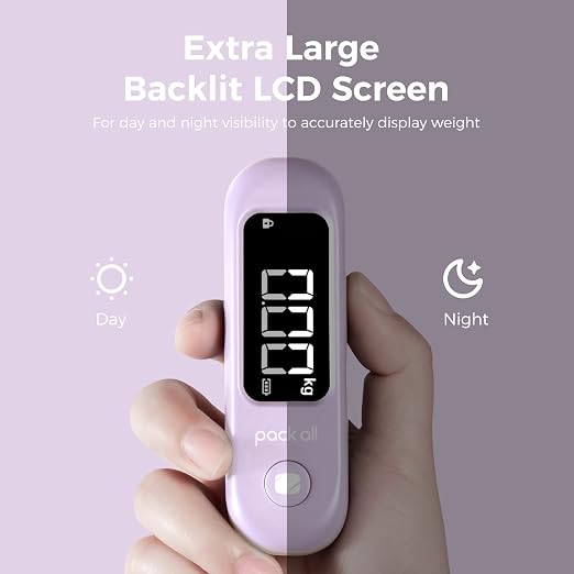 pack all Digital Luggage Scale for Travel, 110Lbs Capacity, 0.1Lb Precision | Handheld, Backlit LCD Display, Lb/Kg/Oz Conversion, Tare Function, Battery Included, Purple
